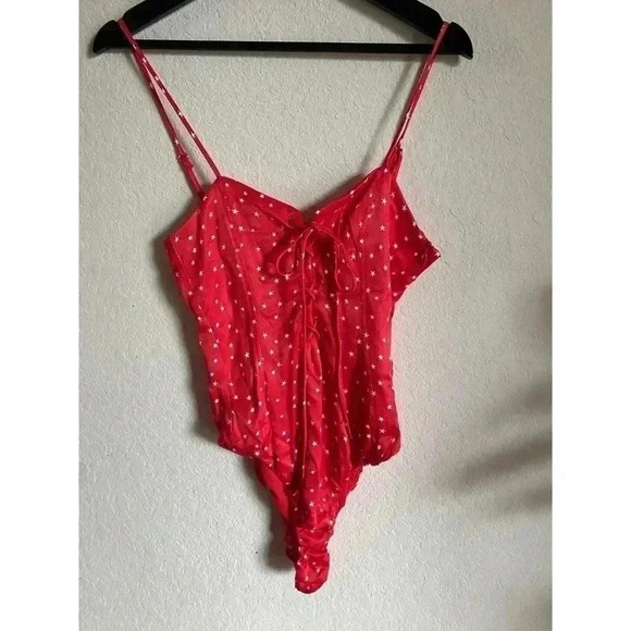 Zara Red And White Star Satin Effect Lace Up Bodysuit Size XS - Picture 2 of 8
